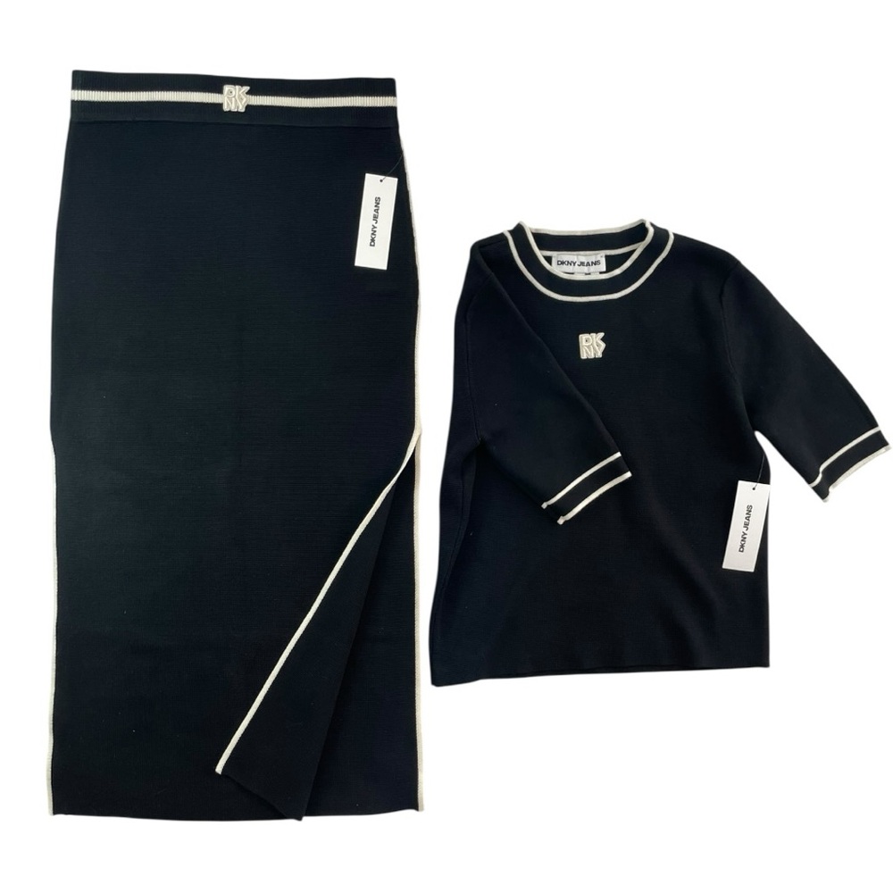 DKNY 2-PIECE SET Knit Slit Skirt & Shirt Black Eggnog Size XS MSRP$148 NWT - Picture 1 of 11